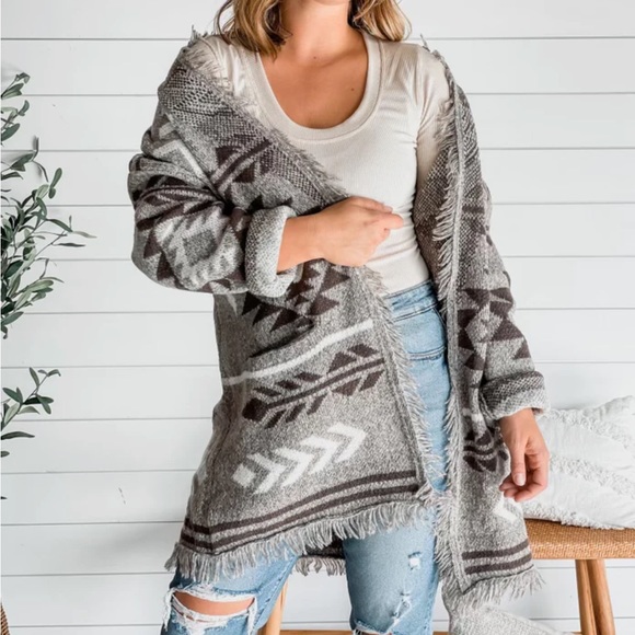 #65 LAST 1! Brown and tan Chestnut oversized brown Aztec fringe pocket cardigan - Picture 2 of 4